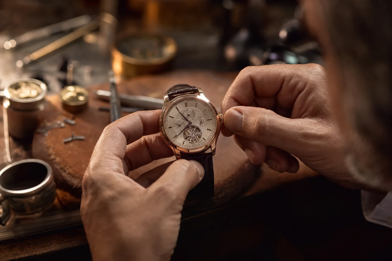 Ambiance atelier cuir horlogerie raffinée